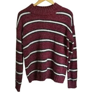 Stripes Burgundy & White Casual Knitted Crewneck Sweater NWT Size Large